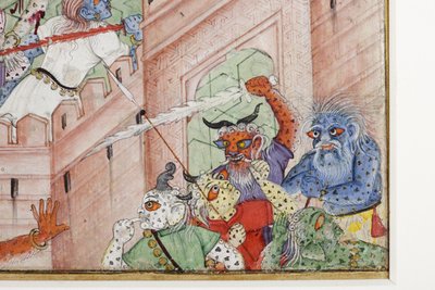 Detalje fra Krishna Spalter Dæmonen Narakasura med sin Discus, ca. 1585-90 (ugennemsigtigt wc & guld på papir) af Indian School