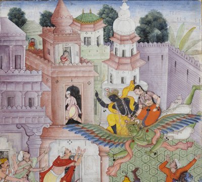 Detalje fra Krishna Spalter Dæmonen Narakasura med sin Discus, ca. 1585-90 (ugennemsigtigt wc & guld på papir) af Indian School