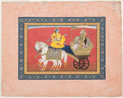 Dialog mellem Krishna og Arjuna på slagmarken i Kurukshetra, ca. 1820 (ugennemsigtig akvarel og guld på papir) af Indian School