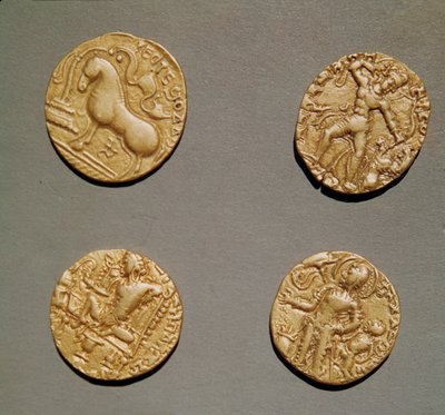 Dinarer af Samudragupta (335-375) Kumaragupta I (415-454) og Chandragupta I (320-335) (guld) af Indian School