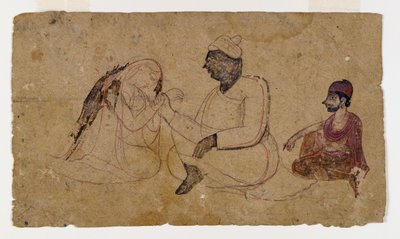 Tegning af tre siddende figurer, ca. 1750 (blæk og farve på papir) af Indian School