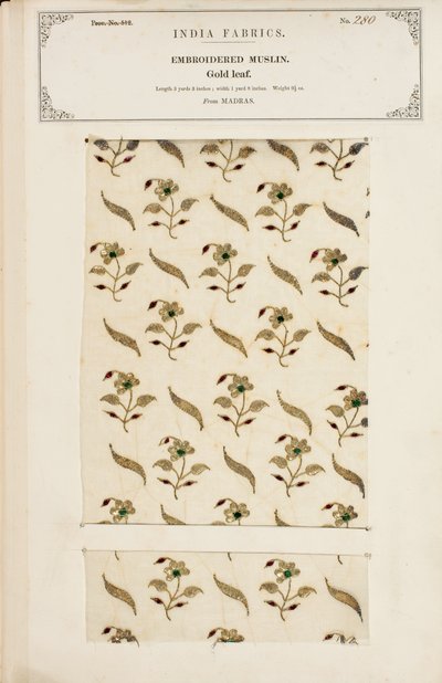 Broderet muslinprøve fra Madras, fra The Collection of the Textile Manufacturers of India, af John Forbes Watson, udgivet i 1866 af Indian School