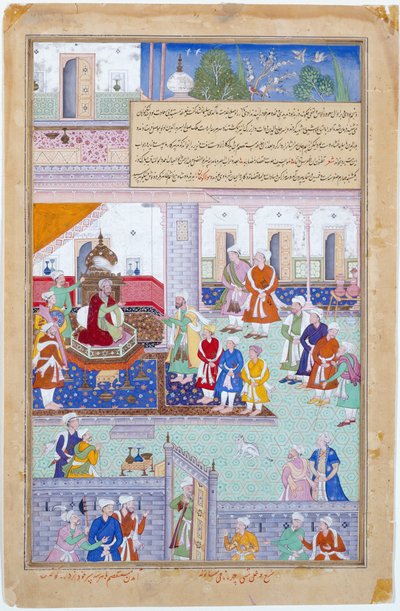 Kejser Babur holder hof, mogulperioden, Akbars regeringstid af Indian School