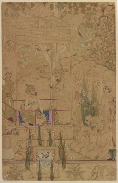 Kejser Babur med tjenere i en have, ca. 1590 af Indian School