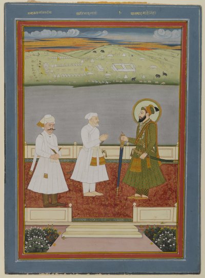 Kejsermøde med hoffolk, tidligt i det 18. århundrede (ugennemsigtig akvarel og guld på papir) af Indian School