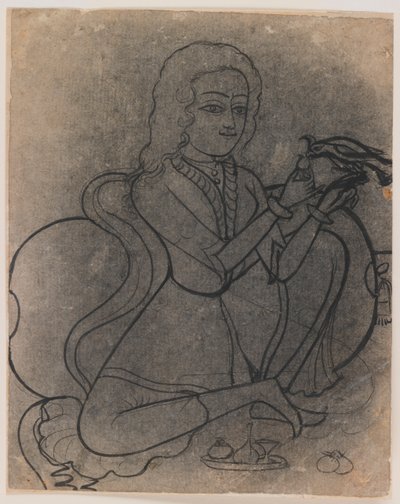 Europæisk pige, der fodrer en papegøje, ca. 1780 (blæk på papir, kastet til overførsel) af Indian School