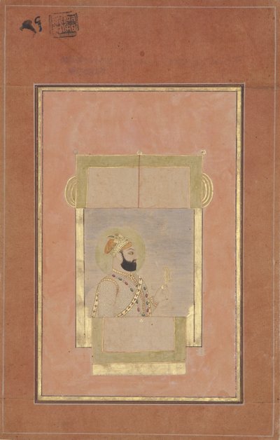 Farrukh Siyyar siddende ved et vindue, med en guldsarpech, ca. 1715 (ugennemsigtigt wc & guld på papir) af Indian School