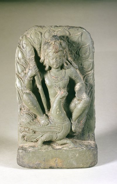 Skandas figur med sin påfugl, Punjab Hills (sandsten) af Indian School