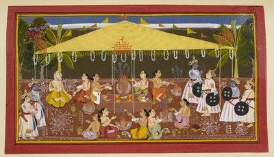 Figurer under en gul baldakin af Indian School