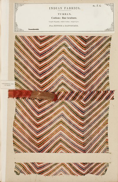Fin bomuldsturbanprøve fra Jeypoor i Rajpootana, fra The Collection of the Textile Manufacturers of India, af John Forbes Watson, udgivet i 1866 af Indian School