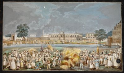 Fyrværkeri på en klar måneskin nat udenfor Agna Mahal, en del af Nawabs palads ved siden af floden ved Murshidabad, ca. 1790-1800 (akvarel på papir) af Indian School