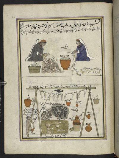 Fiskehandlere, Kvinder, der renser fisk; mand tørrer fisk,  86 tegninger indbundet i et bind, der viser håndværk og erhverv i Kashmir, håndværkere vises i arbejde med deres redskaber og udstyr,  Af en Kashmir-kunstner, sandsynligvis i Srinagar, ca. 1850-60 af Indian School