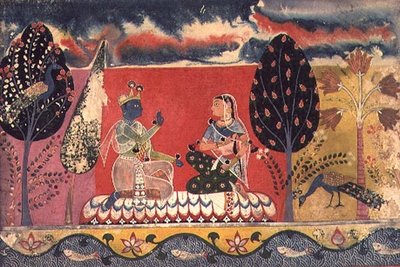 Folio 3. Radha og Krishna, fra "Gita Govinda", Mewar, Rajput-skole af Indian School