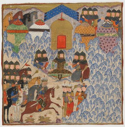 Folio fra en Shahnama (Kongernes Bog) af Firdawsi (d.1020); Rustam Encamped, muligvis Indien, ca. 1425-50 (ugennemsigtig akvarel og guld på papir) af Indian School
