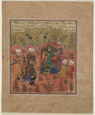 Folio fra en Shahnama (Kongernes Bog) af Firdawsi (d.1020); Rustam før Kay Kaus (ugennemsigtig akvarel, blæk og guld på papir) af Indian School