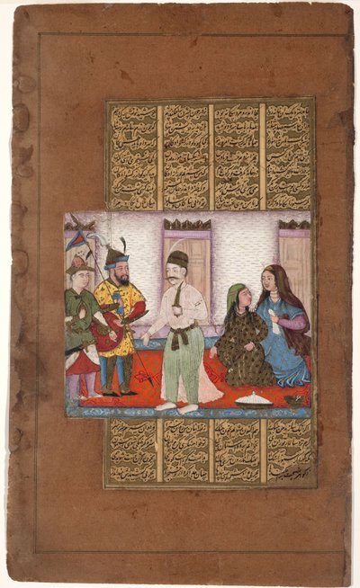 Garsivaz arresterer Bizhan i Manizhas lejligheder, ca. 1610 (ugennemsigtigt toilet og guld på papir) af Indian School