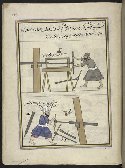 Våbensmede keder en pistolløb,  86 tegninger indbundet i et bind, der viser håndværk og erhverv i Kashmir, håndværkere vises i arbejde med deres redskaber og udstyr,  Af en Kashmir-kunstner, sandsynligvis i Srinagar, ca. 1850-60 (gouache på papir) af Indian School