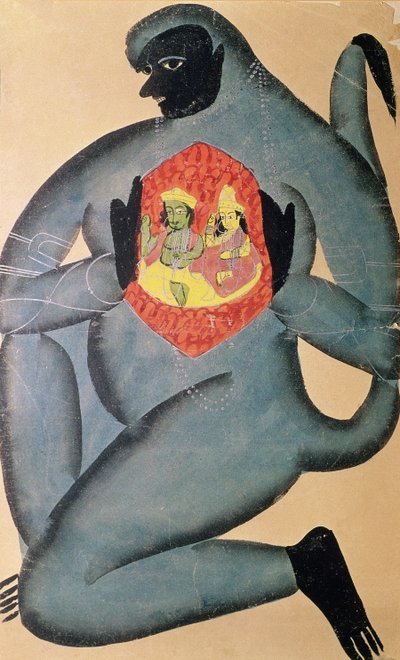 Hanuman afslører Rama og Sita i sit hjerte, malet af et medlem af Patua-kasten, 1880 af Indian School