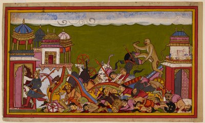 Hanumān ødelægger templet, besejrer Rāvaṇas styrker, og en mand flygter ind i byen. 1653 (miniature) af Indian School