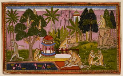 Hanumān rapporterer Sītās opdagelse, og Aṅgada angriber Dadhimukha i Madhuvana. af Indian School