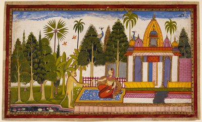 Hanumān viser sig for Sītā og tilbyder at redde hende, men hun insisterer på, at det kun er Rāma, der kan gøre det, og giver ham en juvel til Rāma. 1653 (miniature) af Indian School