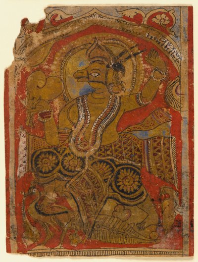 Harinegameshin bærer embryoet, fragment af et blad fra en spredt Kalpasutra (wc & guld på papir) af Indian School