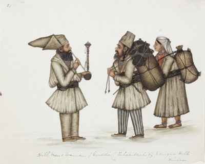 Hill Men and Woman (Guddies) Inhabitants of Kangra Hills Hindoos, ca. 1840 (ugennemsigtigt wc på papir) af Indian School