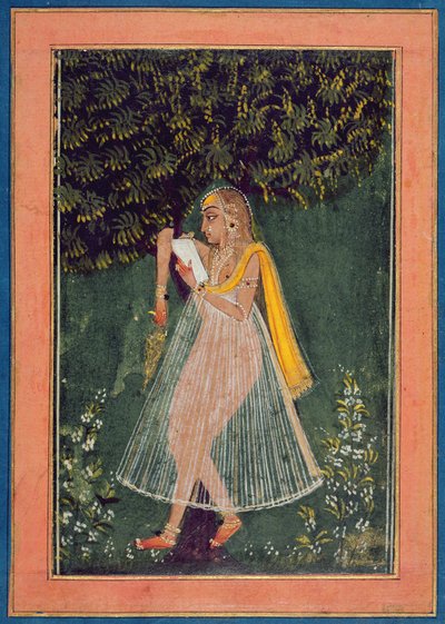 Hindu-dame læser et kærlighedsbrev under et træ (gouache, blæk og guld på papir) af Indian School