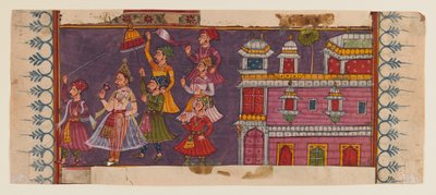 Hellige mænd og hoffolk samles før en prins (ugennemsigtigt wc og guld på papir) (se 406510 for verso) af Indian School