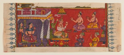 Hellige mænd og hoffolk samles foran en prins (ugennemsigtigt wc & guld på papir) (se 406509 for recto) af Indian School