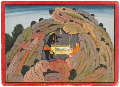Illustration til Bhagavata Purana: Jambavan giver Symantaka juvelen til sin datter at spille, ca. 1760-65 af Indian School