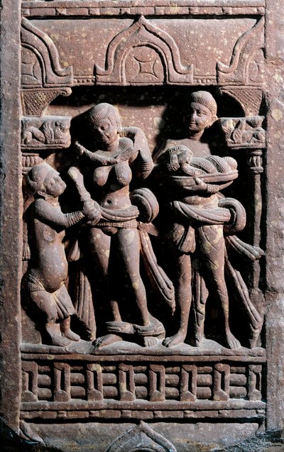 Indisk kunst: Sundernanda (Nanda) hjælper Sundari med at få sit toilet. Periode Kochne (Kushan og Kushan) af Indian School
