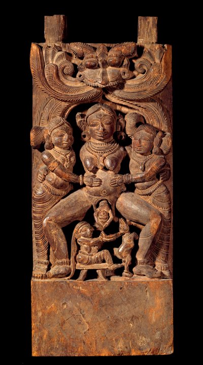 Indisk kunst: repræsentation af Mahamai, modergudinde, der føder. Trærelief fra 1700-tallets privatsamling af Indian School