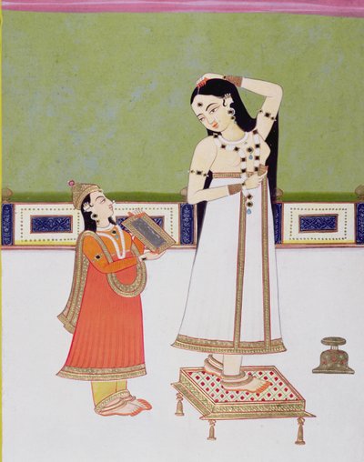 Indisk dame på sit toilet ser på sig selv i et spejl (gouache & bladguld på papir) af Indian School