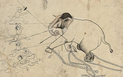 Isarda eller kotah forberedende tegning af tæmning af en elefant, ca. 1720 af Indian School