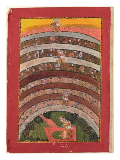 På rejse gennem ukendte lande, fra Krishnas rejser i hans vogn, ca. 1750 (ugennemsigtigt wc, guld og sølv på papir) af Indian School