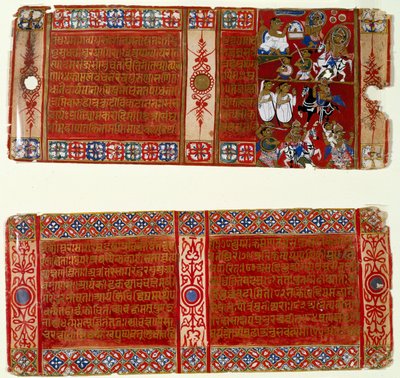 Kalaka bliver en jainsk munk; Kalaka bortfører nonnen, to blade fra et spredt Jain-manuskript af Kalakacharya-katha, Uttar Pradesh, ca. 1465 (wc & guld på papir) af Indian School
