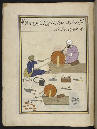 Knivslibere,  86 tegninger indbundet i et bind, der viser håndværk og erhverv i Kashmir, håndværkere vises i arbejde med deres redskaber og udstyr,  Af en Kashmir-kunstner, sandsynligvis i Srinagar, ca. 1850-60 (gouache på papir) af Indian School