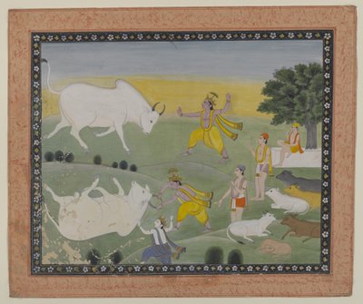 Krishna besejrer Tyredæmonen (akvarel på papir) af Indian School