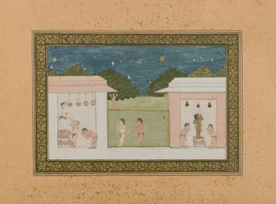Krishna Stealing Curds, ca. 1775 (ugennemsigtigt wc & guld på papir) af Indian School