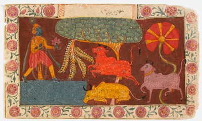 Krishna og køer ved en dam, fra en Bhagavata Purana (ugennemsigtigt wc på papir) af Indian School