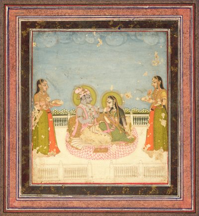 Krishna og Radha siddende på en terrasse, ca. 1760-75 (wc, guld og sølv på papir) af Indian School