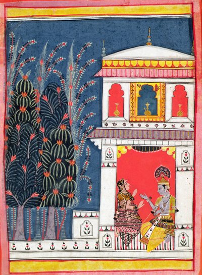 Krishna og en dame i en pavillon, ca. 1660 af Indian School