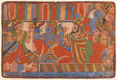 Krishna rådgiver Pandava-lederne, ca. 1830-50 (ugennemsigtigt wc på papir) af Indian School