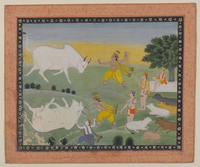 Krishna besejrer Bull Demon (ugennemsigtigt wc på papir) af Indian School