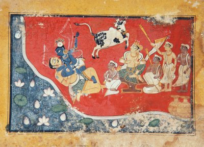 Krishna besejrer en dæmon ved siden af en flod, ca. 1560 (ugennemsigtigt wc på papir) af Indian School