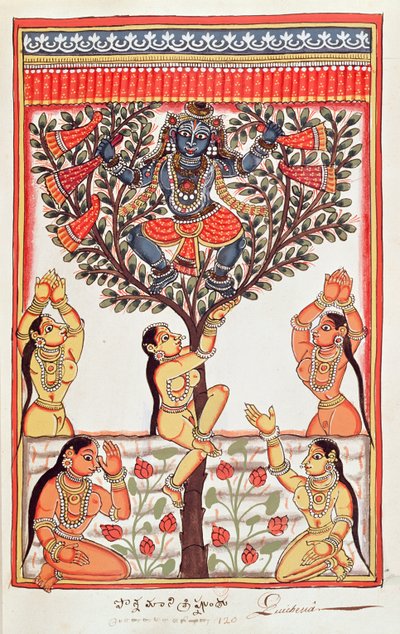 Krishna stjæler tøjet til Gopi, der svømmer i Yamuna-floden (wc på papir) af Indian School