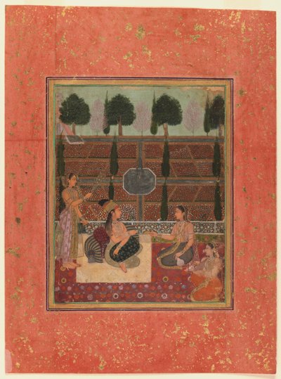 Damer på en terrasse, Mughal Style, ca. 1700-10 (wc på guldfarvet papir) af Indian School