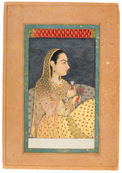 Dame med en kop og en blomst, tidligt 18. århundrede (wc med guld og sølv på papir) af Indian School