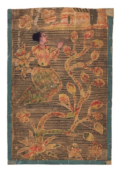 Lady Praying at a Shrine, (ugennemsigtigt wc & guld på papir) af Indian School